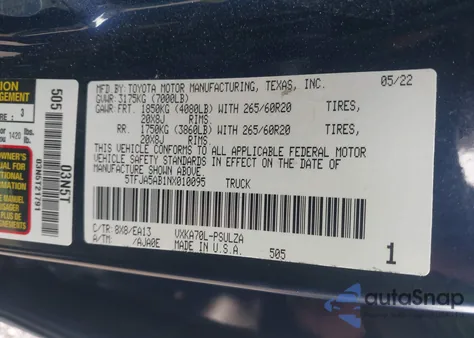 2022 Toyota Tundra Limited из США, поврежденный, VIN 5TFJA5AB1NX010095